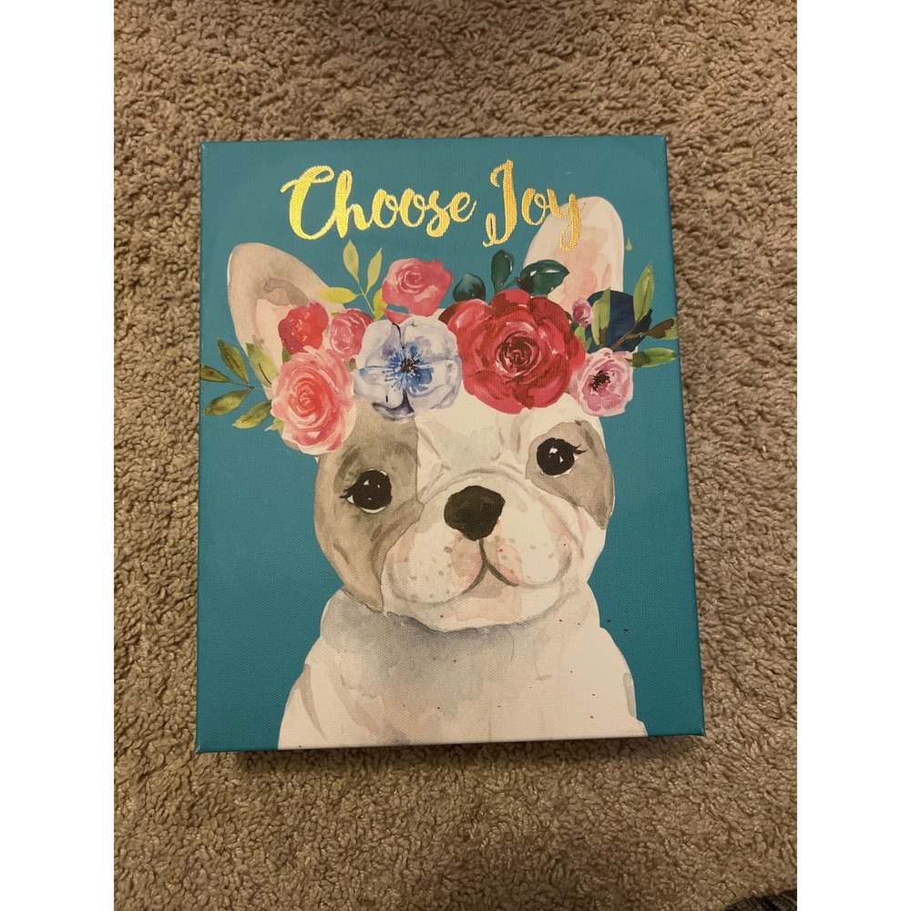 Floral Clementine French Bulldog Pink Blue Canvas Wall Art 8x10" Dog‎ Lovers